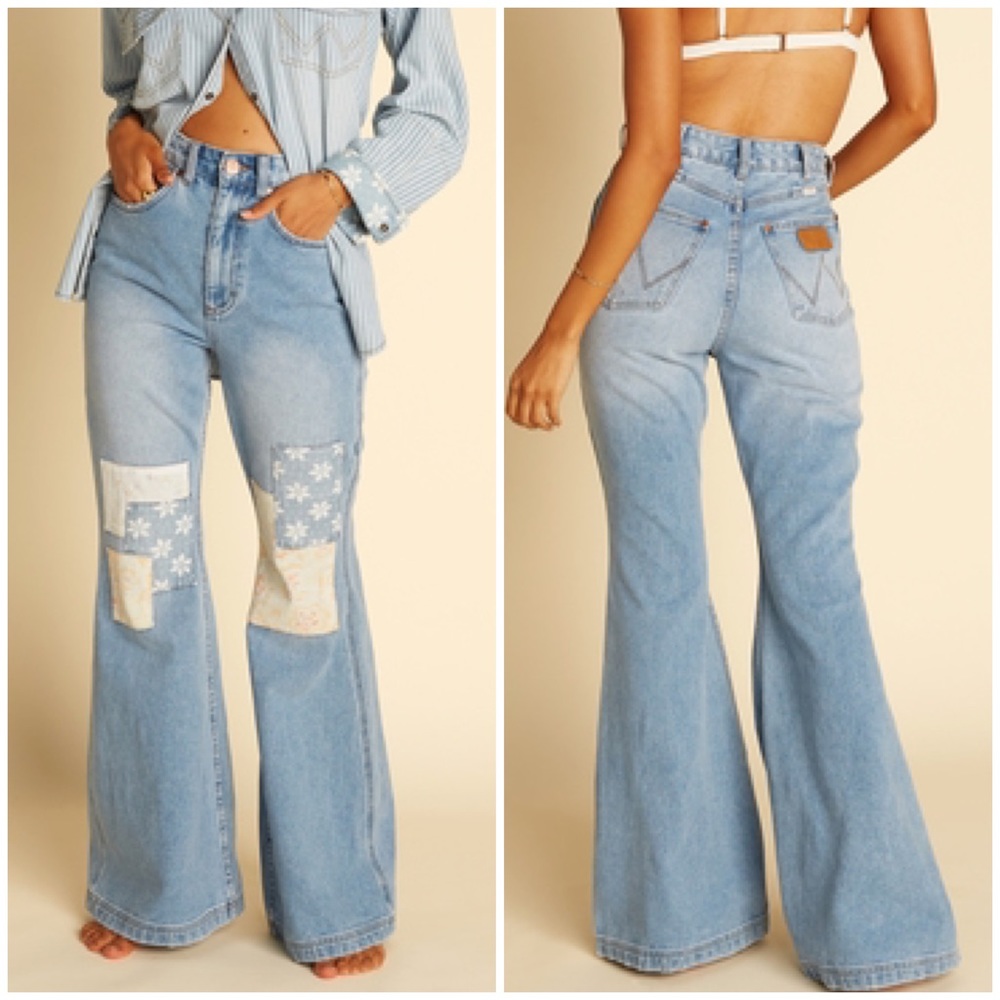 New Wrangler x Billabong Bell Bottom Flare Patchwork Jeans Size 26